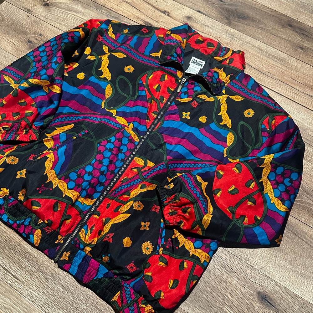 Vintage Basic Editions Multi Color Abstract Silk Bomber Jacket Women Large